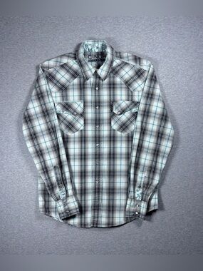 Cinch Modern Fit Pearl Snap Shirt Mens S Plaid Paisley Grey Turquoise Western